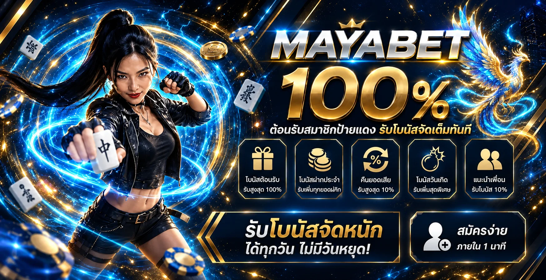 โปรโมชั่นสมาชิกใหม่ MAYABET พร้อมเอฟเฟกต์สีน้ำเงินทอง