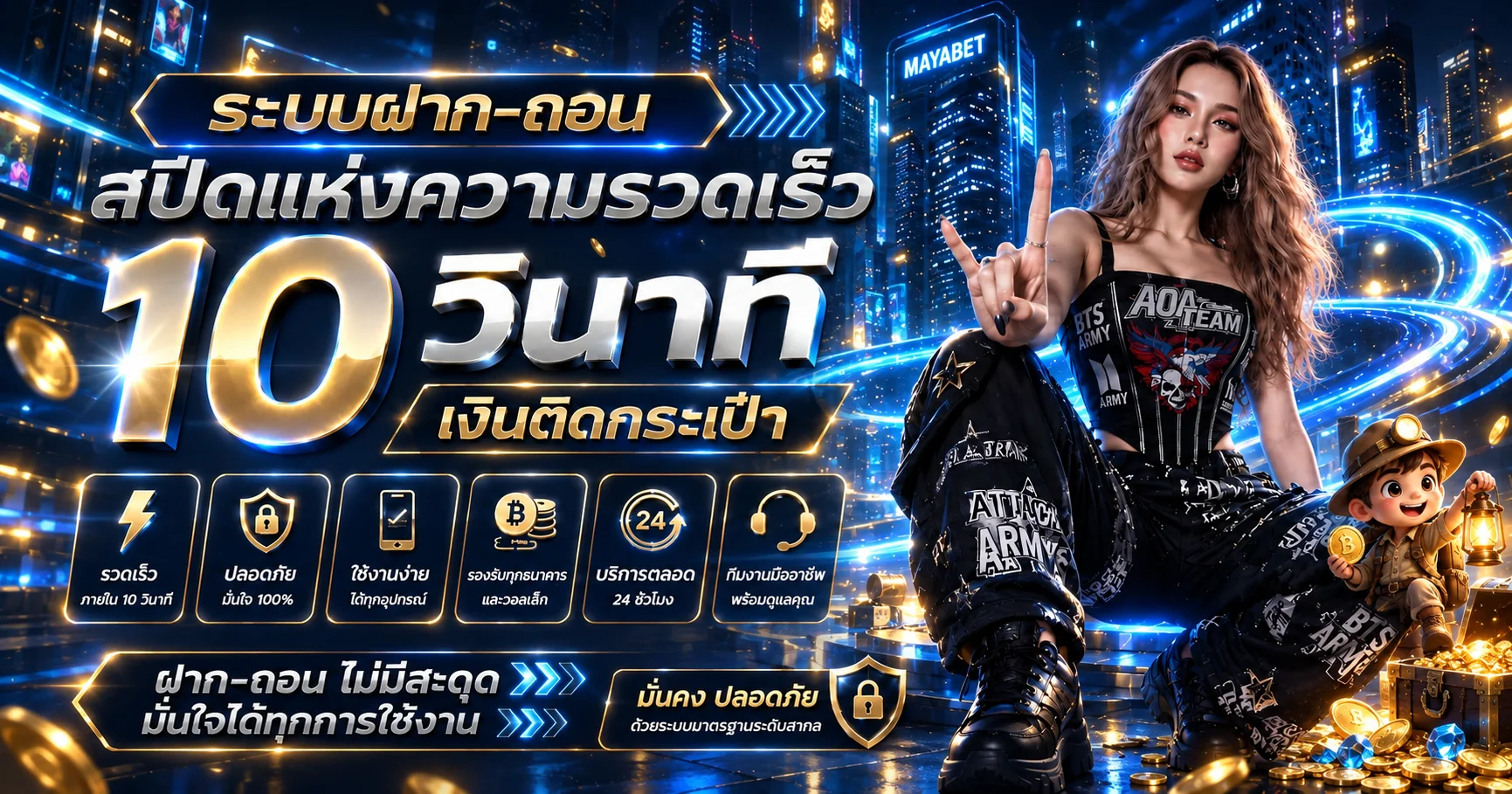 ระบบฝากถอน MAYABET รวดเร็วบนพื้นหลังสีน้ำเงินทอง